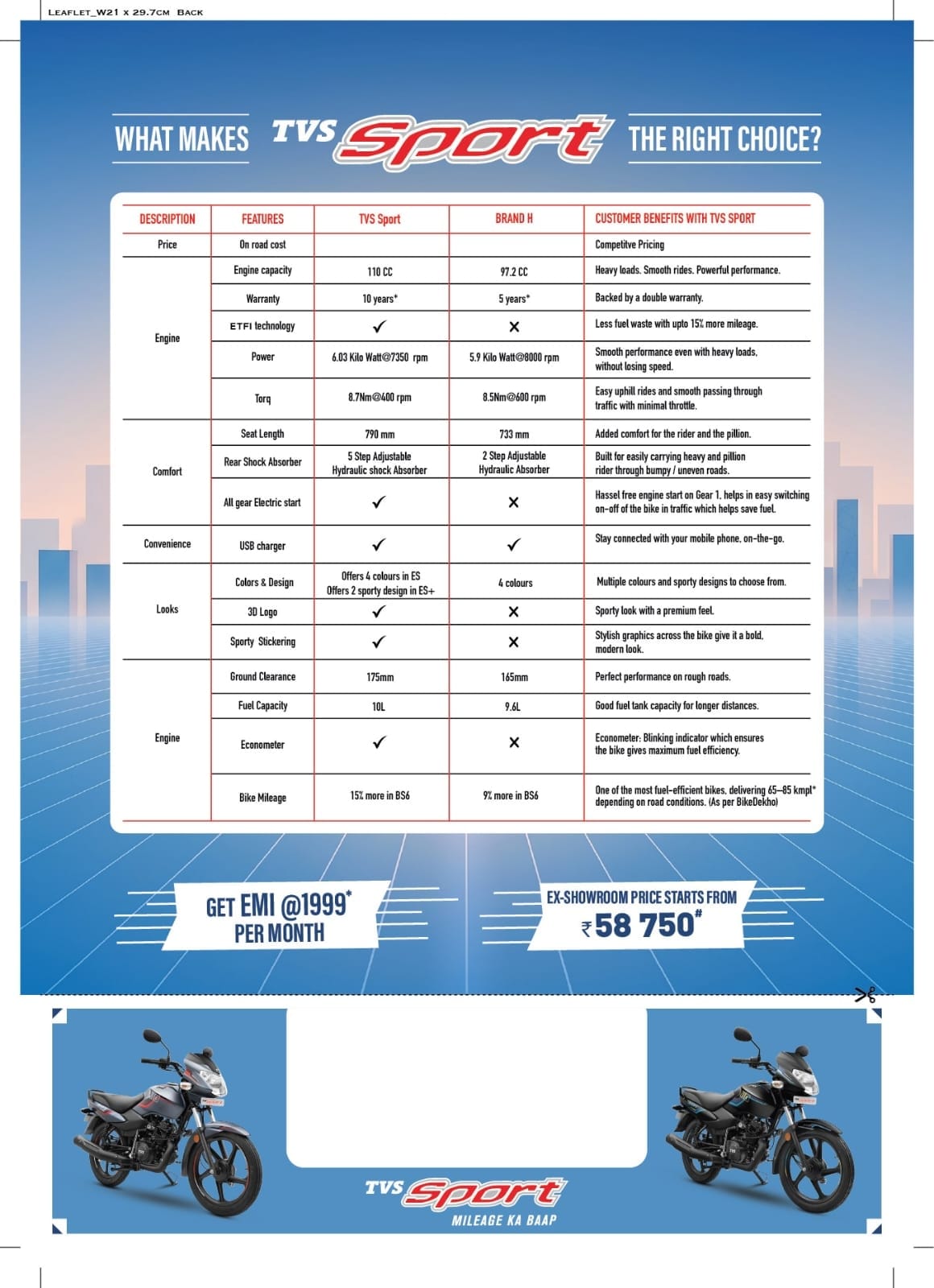 TVS Sport feature comparison chart — engine, warranty, mileage, ground clearance and price from ₹58,750